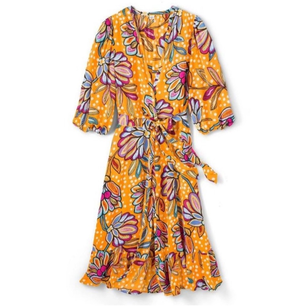 Tabitha Brown Floral Polka Dots Print Belted Cover Up / Wrap with Pockets sz S - Picture 3 of 12